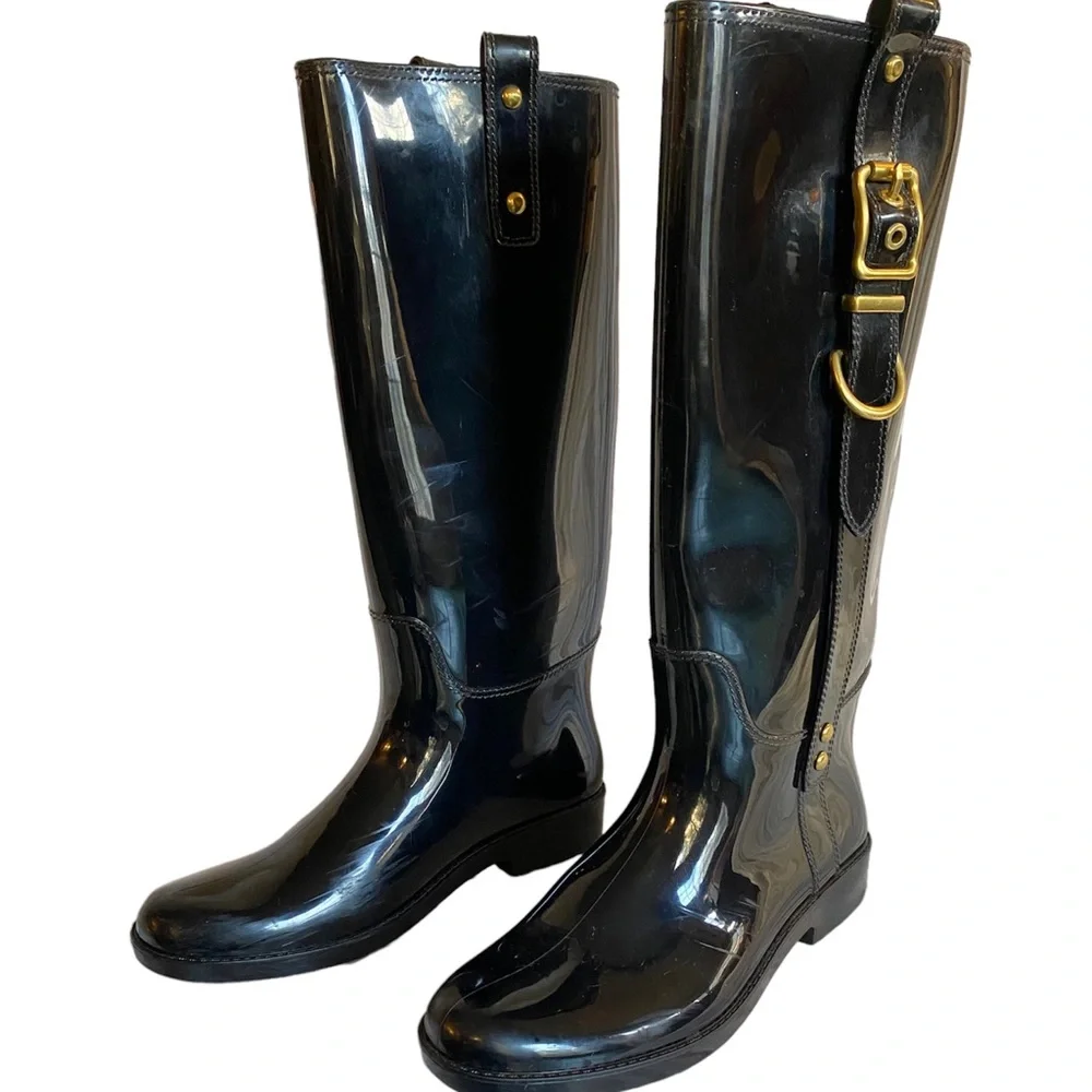 Coach Black Rubber Boots Gold Buckle Knee High 9 Concert classic‎ statment